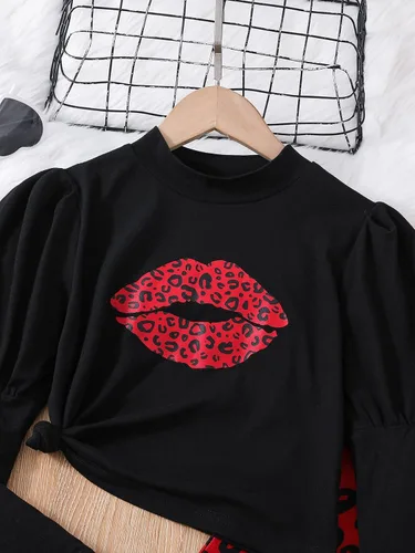 Vista 3 de WDIRARA Conjunto de 2 piezas para niña con estampado de leopardo y manga gigot
