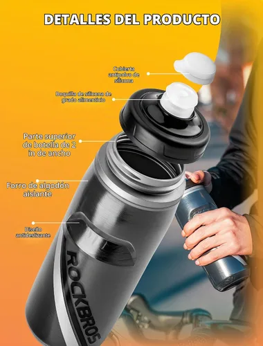 Vista 6 de ROCKBROS Botella de agua para bicicleta de 21 onzas, botella de agua para bicicleta para 5 horas de aislamiento, botella de agua deportiva Negro