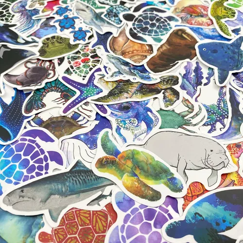 Vista 2 de Aowplc 100 calcomanías de animales marinos, paquete de calcomanías de vinilo impermeable para vida marina