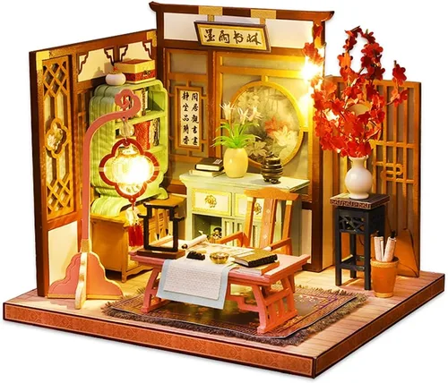 Vista 10 de Roroom Kit de casa de muñecas en miniatura y muebles, mini casa de muñecas de madera 3D, modelo artesanal estilo chino con cubierta a prueba