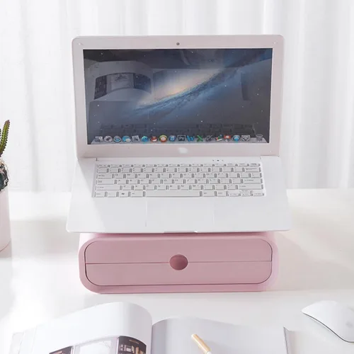 Vista 7 de BESPORTBLE Pink Computer Monitor Riser with Full Drawer Desktop Organizer Stand for Office and Home Abs Elevated Shelf for Stationery and Cosmetics