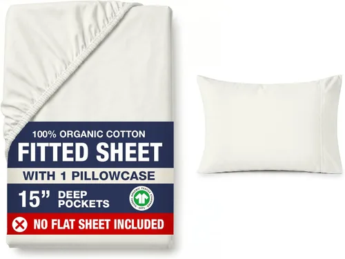 Vista 33 de LANE LINEN - Sábana bajera tamaño individual 100% algodón orgánico y 1 funda de almohada, tejido de percal suave, transpirable, apta para colchones