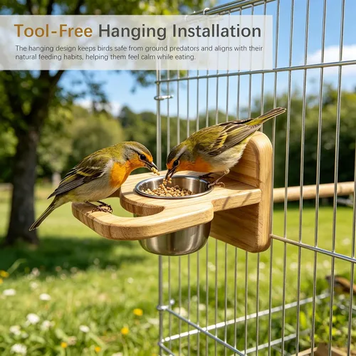 Vista 6 de Taza de alimentación de pájaros con plataforma, cuenco colgante de acero inoxidable para loros, soporte de perca de madera, jaula de pájaros