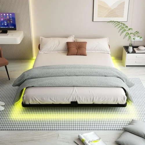 Vista 8 de Base de cama flotante con luces LED y estación de carga - Base de cama moderna de plataforma metálica con juntas de colchón - Libre de ruido,