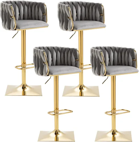 Vista 12 de Juego de 2 taburetes de bar giratorios de terciopelo, taburetes de bar ajustables y cómodos, silla de comedor moderna con respaldo tejido, taburetes