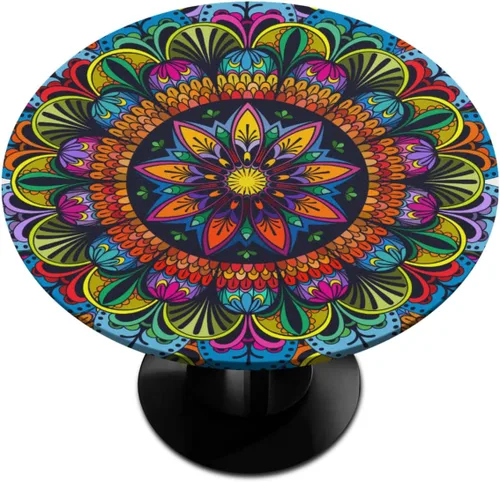 Vista 12 de Pardick Mantel redondo ajustable con diseño de flores color verde azulado, con diseño de mandala, con elástico, impermeable, lavable