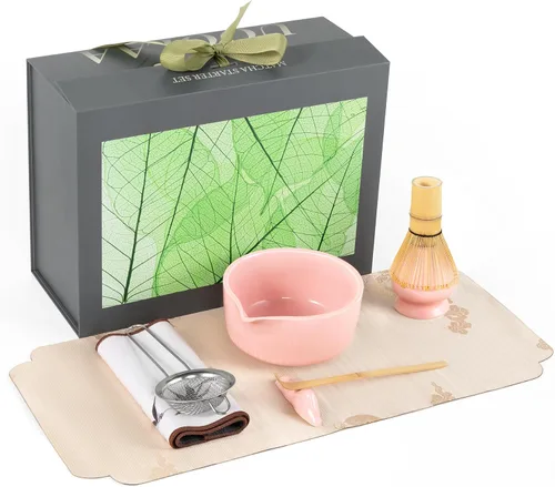 Vista 12 de Juego de té matcha tradicional, juego completo de 8 piezas con cuenco de cerámica Chawan con boquilla, batidor de bambú y soporte, cuchara, tamiz