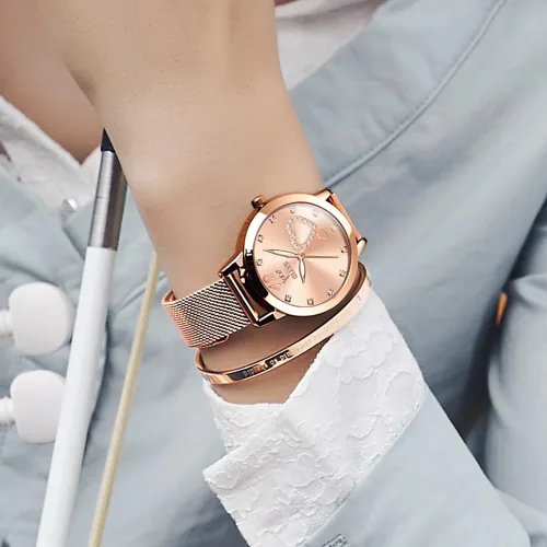 Vista 4 de OLEVS Relojes para mujer, correa de malla de oro rosa, vestido de moda, cuarzo japonés, impermeable, luminoso, para mujer, conjunto de pulseras