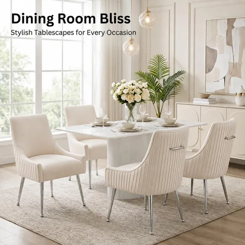 Vista 34 de Sillas de comedor de estilo moderno de terciopelo tapizadas con barra vertical, silla de acento con botón acolchado con patas plateadas, juego de 2