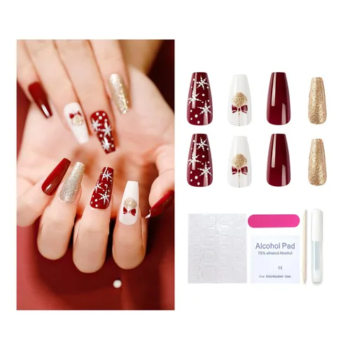 Vista 10 de Año Nuevo Navidad Prensa en Uñas Largas Ataúd Acrílico Uñas Falsas Kit Navidad Copo de Nieve Decoración de Uñas Falsas Bailarina Uñas Falsas Puntas