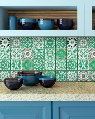Vista 4 de Juego de 24 pegatinas para azulejos con diseño de talavera, para baño y cocina, fáciles de aplicar, simplemente despegar y pegar para decoración