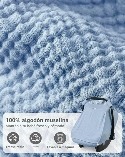 Vista 2 de Rquite Funda de asiento de automóvil para bebé, niña, niño, 100% muselina de algodón, toldo transpirable a prueba de viento con ventana de malla