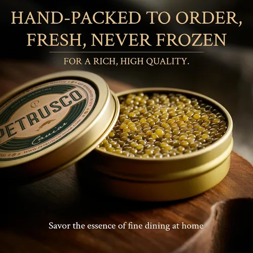 Vista 2 de PETRUSCO Royal Ossetra - Caviar negro de primera calidad, Huevas de pescado de esturión gourmet frescas en una lata de metal sellada, 1.06 oz