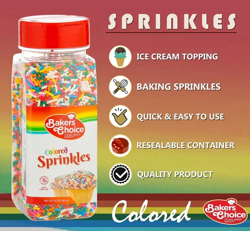 Vista 5 de Bakers Choice - Gránulos arcoíris para hornear, chispas Rainbow Jimmies para coberturas de helado, sin lácteos, Kosher de 10 onzas