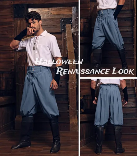 Vista 2 de Gafeng Pantalones piratas medievales para hombre, disfraz de caballero vikingo renacentista, con cordones, pantalones cortos LARP para Halloween