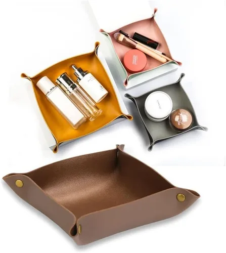 Vista 4 de Sutfmwe Bandeja de cuero para joyas, elegante bandeja organizadora de viaje plegable para mujeres y hombres, bandeja de cuero para cartera, bandeja