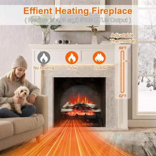 Vista 3 de Calentador eléctrico de troncos de chimenea de 25 pulgadas, juego de troncos de chimenea eléctrica independiente con control remoto y aplicación