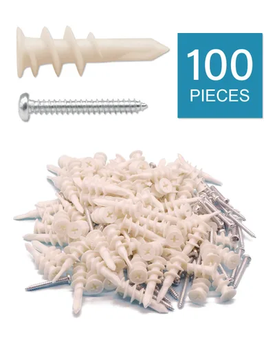 Vista 2 de IMScrews Juego de 100 anclajes de plástico autoperforantes para paneles de yeso con tornillos, kit de anclajes de pared con 50 tornillos/50 anclajes