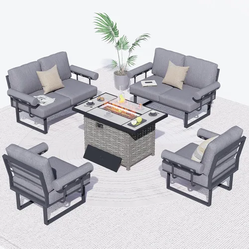 Vista 9 de HOOOWOOO Juego de 4 muebles de patio al aire libre, sofá de conversación moderno exterior de aluminio, asiento de sofá resistente a la intemperie