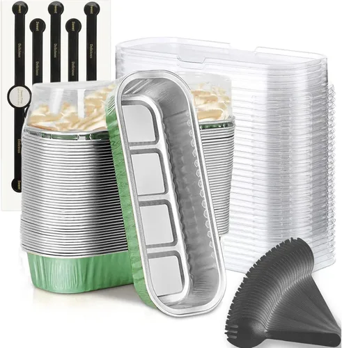 Vista 16 de Findful Mini Moldes para Hornear Pan con Tapas y Cucharas (Paquete de 50, 6.8oz) Moldes Rectangulares de Papel de Aluminio para Hornear Recipientes