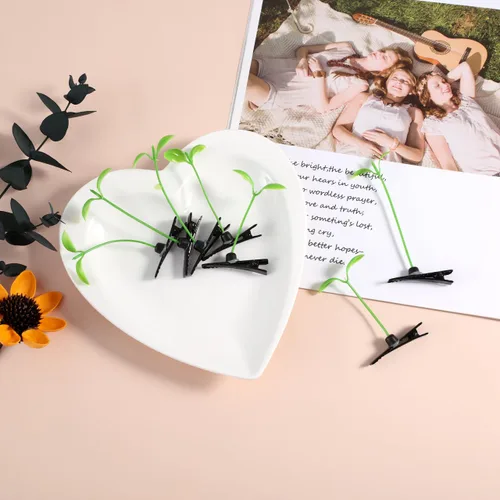 Vista 9 de Housoutil 50 horquillas para el cabello con brotes de frijoles, brotes de plantas verdes para decoración de fiestas, accesorios de fotografía