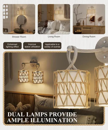 Vista 2 de N12-3 Aplique de pared de ratán bohemio de dos luces, accesorios de tocador para espejo, pantalla tejida en cruz y lámpara de pared cableada