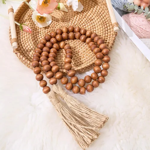 Vista 15 de OMISHE Guirnalda de cuentas de madera de 59 pulgadas con borlas, cuentas decorativas, guirnalda de cuentas de madera de granja para colgar