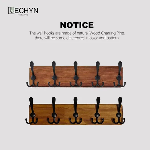 Vista 8 de Perchero de madera rústica con 5 ganchos, soporte de pared resistente para colgar chaquetas (marrón)