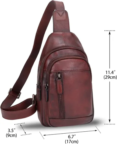 Vista 5 de IVTG Bolso bandolera de cuero genuino para mujeres y hombres, bolso cruzado de cuero, bolso de hombro para el pecho, mochila, Café, Mochilas Sling
