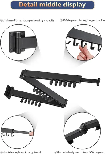Vista 7 de Perchero de pared para colgar ropa, retráctil plegable para interiores, estante de secado de lavandería, estante de ropa ahorrador de espacio