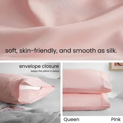 Vista 2 de Juego de 2 fundas de almohada tamaño Queen, color rosa, cierre de sobre, fácil ajuste, tela suave y transpirable, lavable a máquina para todas
