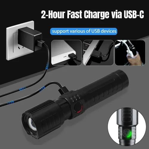 Vista 3 de Linterna táctica LED recargable, 3 modos, paquete de 2 Waterproof Zoomable Design, Adjustable Brightness Torch, Compact Handheld Size for