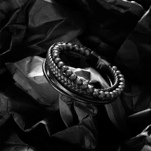 Vista 3 de Speroto - Pulsera para hombre de cuero trenzado con cuentas de lava y ónix