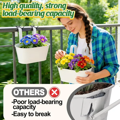 Vista 6 de MADHOLLY Maceta con orificios de drenaje, macetas resistentes para valla de barandilla, macetas de metal estilo campestre para hierbas, balcón