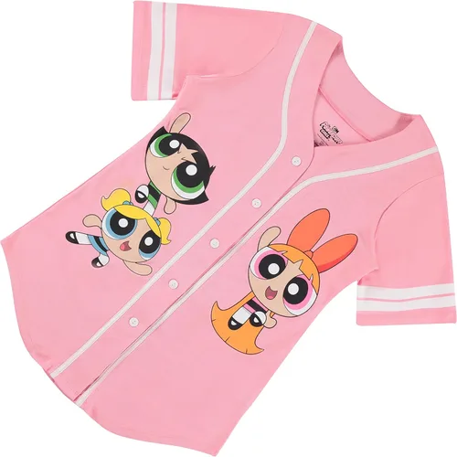 Vista 6 de PowerPuff Girls Ladies Baseball Jersey - Powerpuff Mesh Button Down Baseball Jersey - Blossom Bubble and Buttercup Shirt