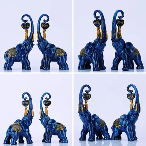 Vista 7 de DOVDOV Juego de 2 piezas de estatua de elefante azul, escultura de elefante de amor, elefante azul para decoración del hogar, estantería de oficina