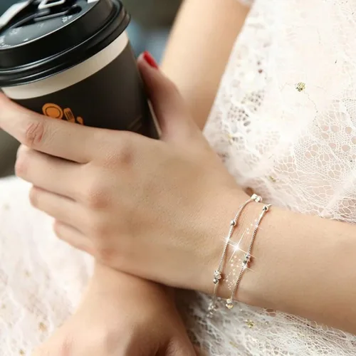 Vista 7 de Juego de joyas de plata para mujer, juego de aretes de plata y oro, pulsera de estrella de doble capa, pulsera de aleación, pulsera de muñeca