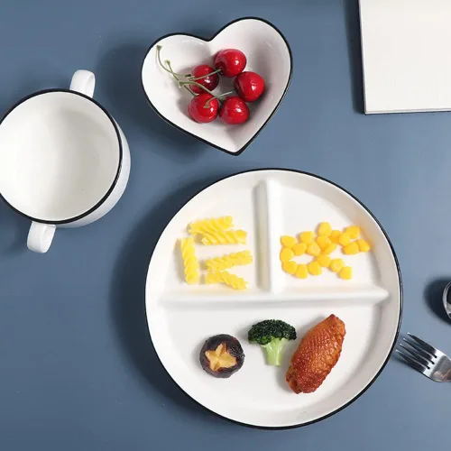 Vista 9 de Platos divididos de porcelana para niños, placas redondas de control de porciones para pérdida de peso para adultos, platos llanos con compartimento