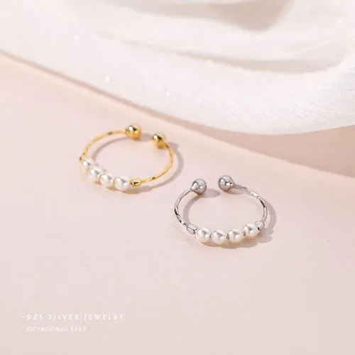 Vista 7 de Anillos abiertos pequeños y finos de perlas pequeñas para mujeres y niñas pequeñas de plata de ley 925, ajustables, delicados, anillos de nudillos