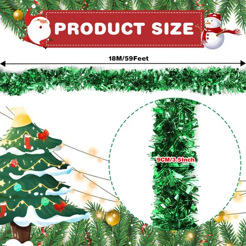 Vista 2 de VESPRO Guirnalda metálica verde para árbol de Navidad de 59 pies con purpurina para decoración de interiores y exteriores