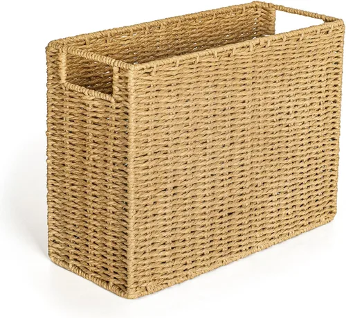 Vista 9 de AELS Cesta tejida de fibra natural para revistas, soporte de revistas para piso, organizador de revistas tejido a mano, cesta de revistas con asas