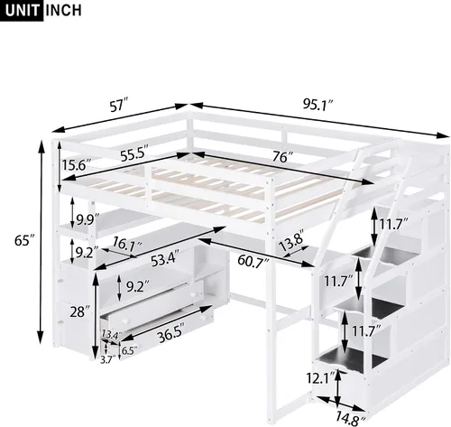 Vista 2 de Quarte Cama alta multifuncional, cama alta tamaño matrimonial con escritorio integrado y estantes de almacenamiento, dos cajones y escalera