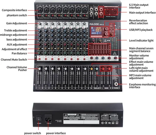 Vista 8 de Consola de mezclador de sonido profesional de 8 canales, 99 bits DSP, procesador digital de 99 bits, USB, Bluetooth, MP3 para entrada de grabación