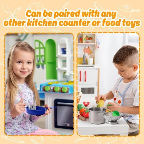 Vista 6 de Juego de accesorios de juguete de cocina para niños pequeños, juego de cocina para niñas y niños, incluye ollas y sartenes coloridas (azul)