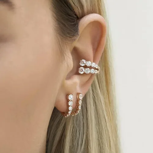 Vista 3 de Aretes de oreja para mujer, aretes de aro de circonita cúbica para mujer, piercing de oreja falso, sin perforación para niñas