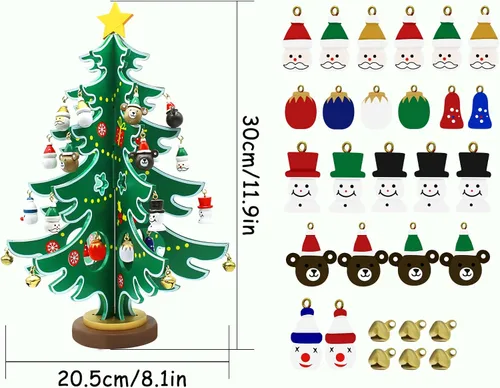 Vista 2 de Decoración de escritorio de Navidad de madera, calendario de Adviento de árbol de Navidad, decoraciones de mesa de Navidad con adornos