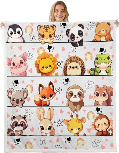 Vista 18 de Manta de franela de animales de dibujos animados para todas las estaciones, manta de cama azul con estampado de amor Kawaii para decoración