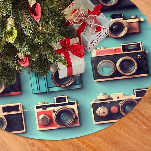 Vista 5 de Retro Cool Camera Collection Print Plush Christmas Tree Skirt - Soft Tree Base Cover for Holiday Use Parties Christmas Decor