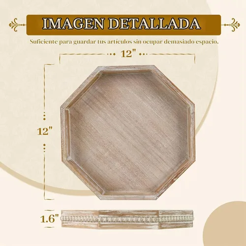 Vista 2 de MAONAME Bandeja de Madera para Servir, Bandeja de Madera Estilo Granja con Cuentas, Bandeja Octogonal para Servir Blanca Lavada, Bandeja de Mesa