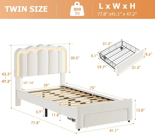 Vista 2 de Marco de cama LED tapizado individual con cajón de almacenamiento y cabecera doble ondulada ajustable, cama de plataforma de terciopelo